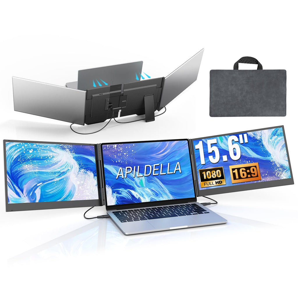 APILDELLA P7 Triple Laptop Screen Extender 15.6” – Portable Dual 1080P FHD Monitors for 13”-17.3” Laptops (USB-C/HDMI)