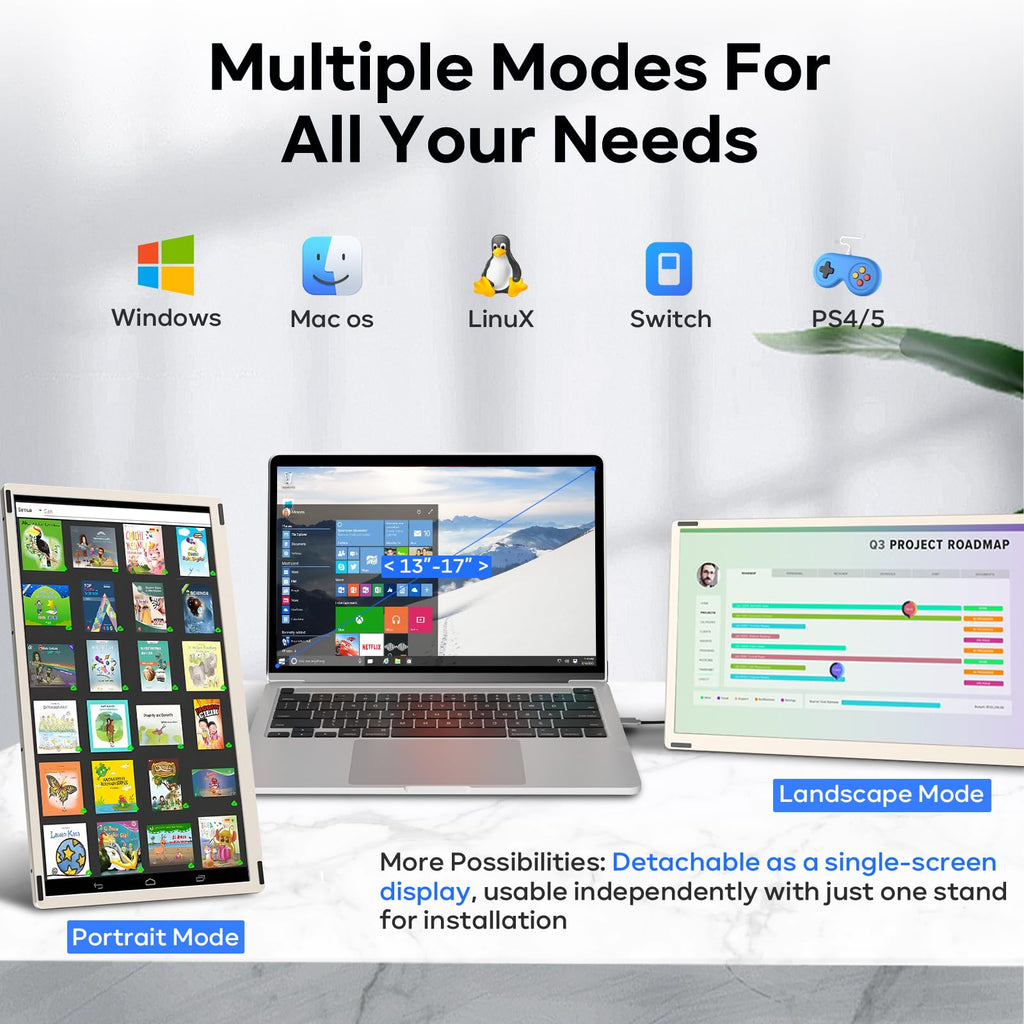 15.6" Triple Laptop Screen Extender - Dual FHD 1080P IPS Portable Monitors with Detachable Stand & 235° Rotation