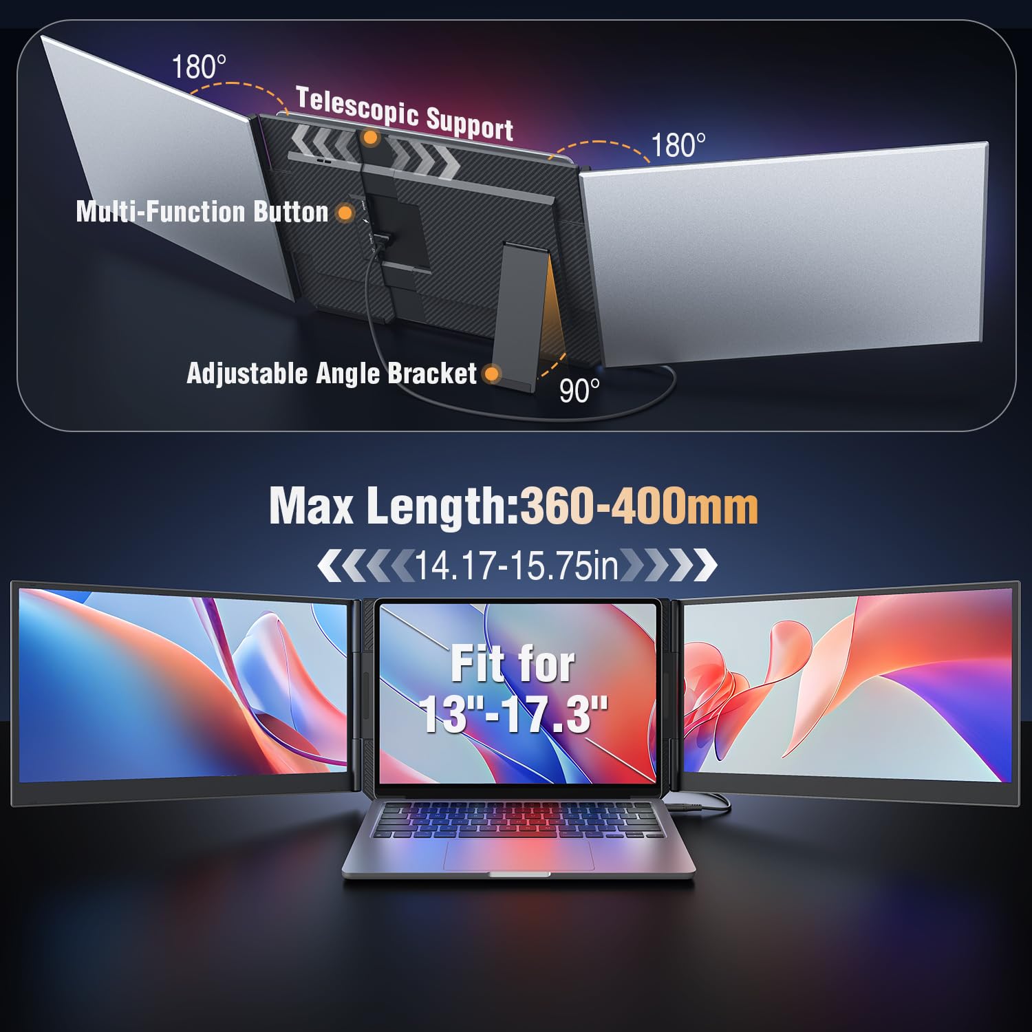 APILDELLA P7 Triple Laptop Screen Extender 15.6” – Portable Dual 1080P FHD Monitors for 13”-17.3” Laptops (USB-C/HDMI)