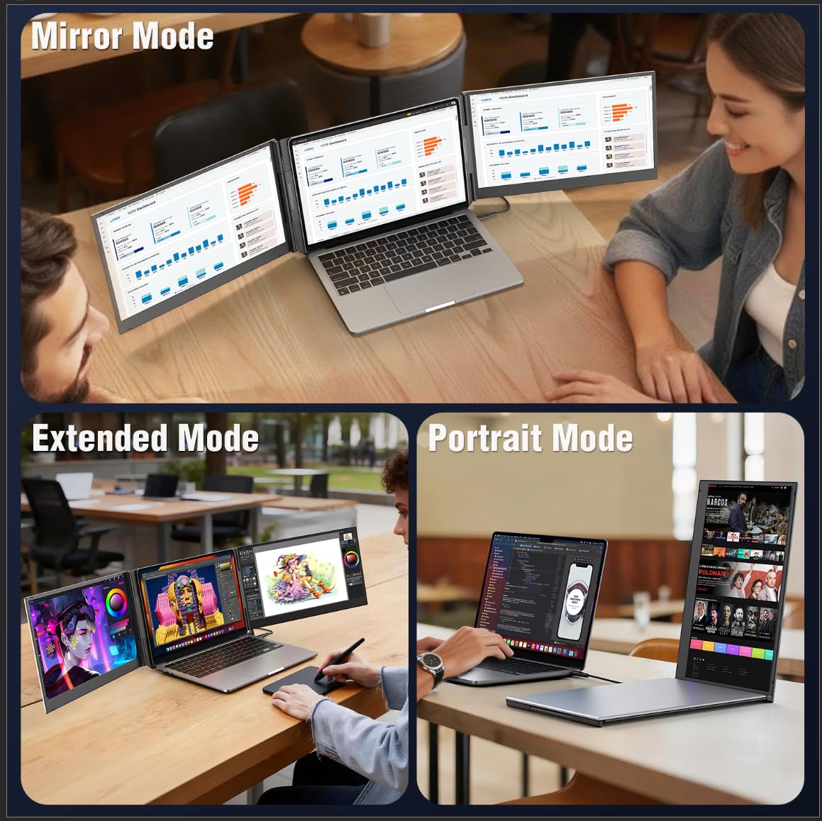 APILDELLA P7 Triple Laptop Screen Extender 15.6” – Portable Dual 1080P FHD Monitors for 13”-17.3” Laptops (USB-C/HDMI)