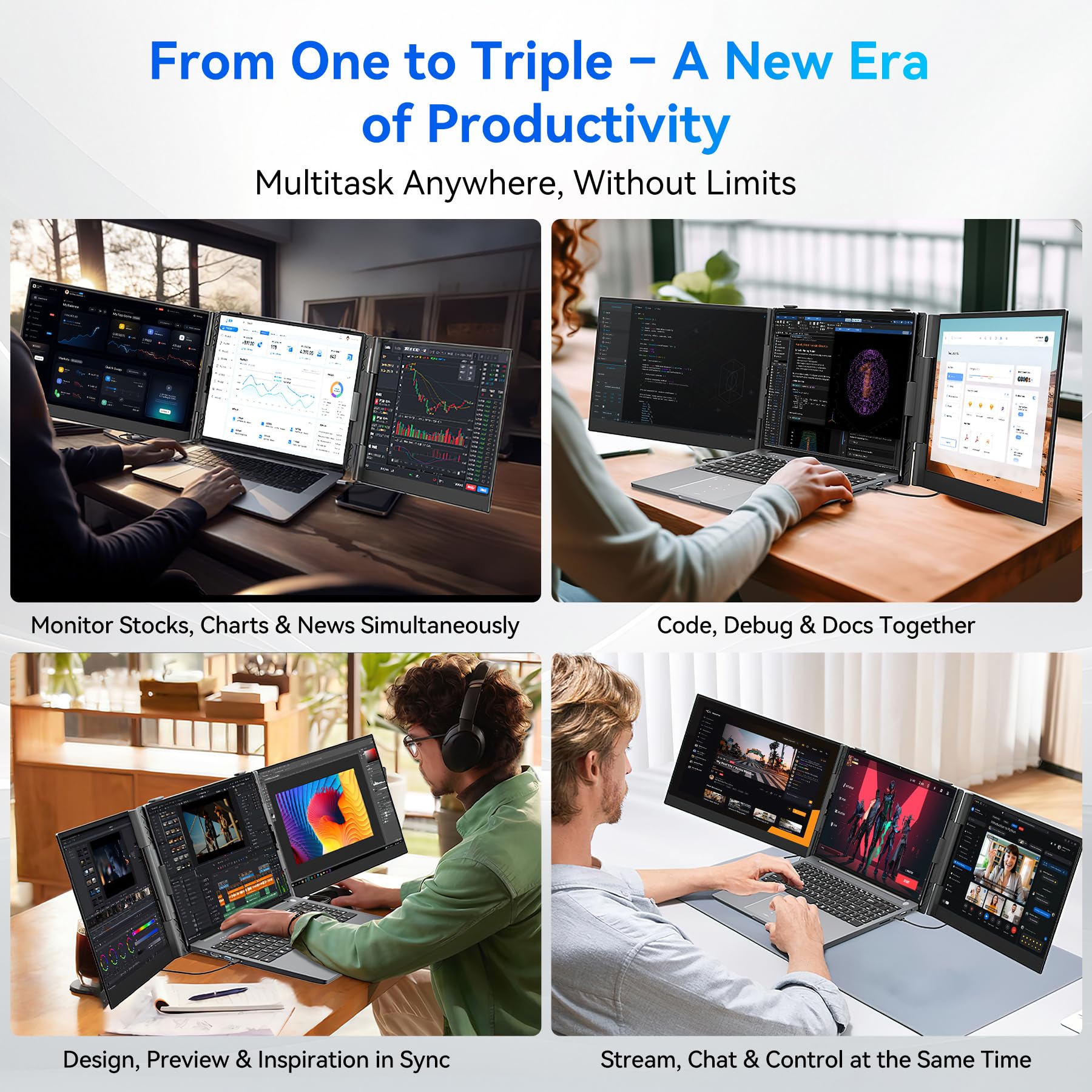 Blackview DCM6 Triple Laptop Screen Extender – Dual 14.1" FHD IPS Portable Monitors for 13–17" Laptops (USB-C & HDMI)
